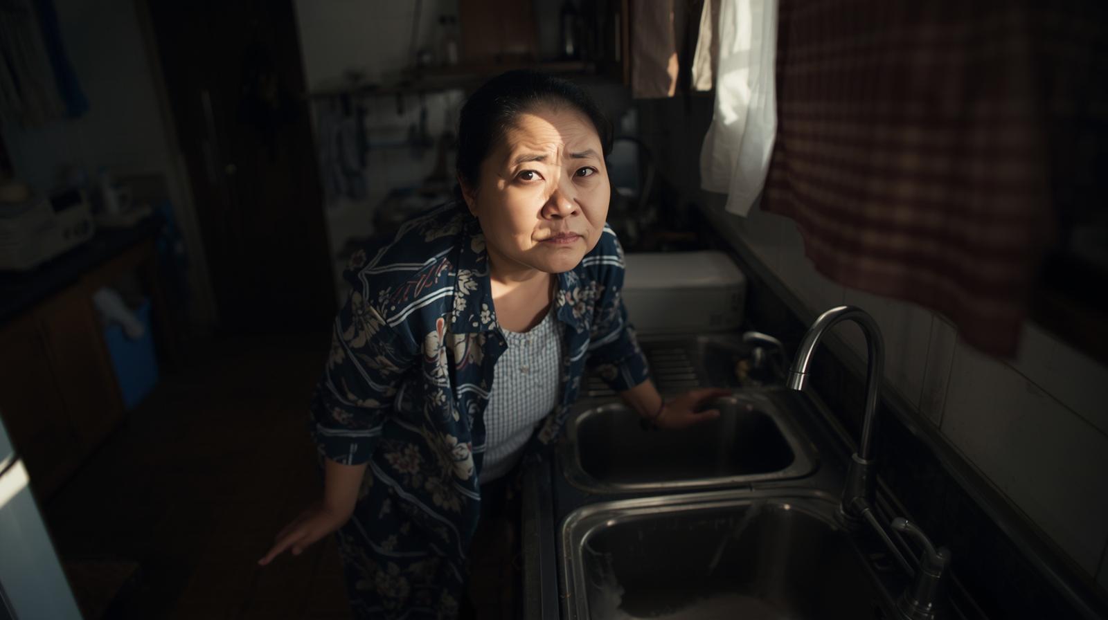 mulher frustada com pia entupida